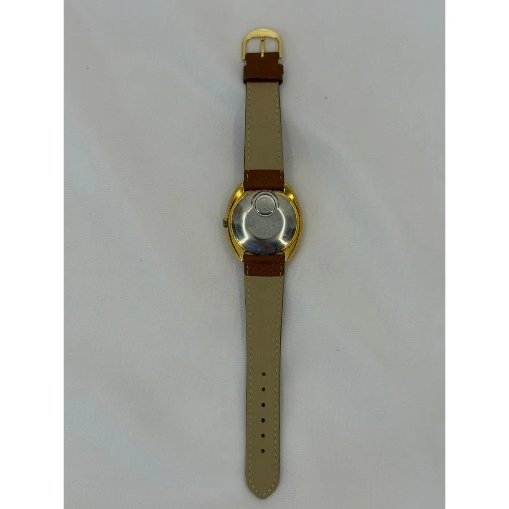Vintage Timex Electric Dynabeat Gold Tone Day Date Watch 76960 26277 Mens Brown